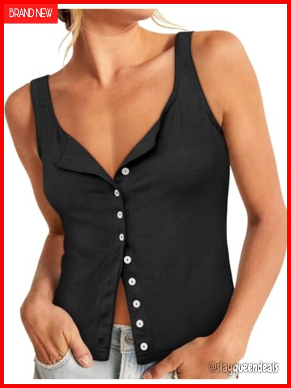 Fitted Ribbed Knit Cropped Tank Top Button Down Square Neck Cami